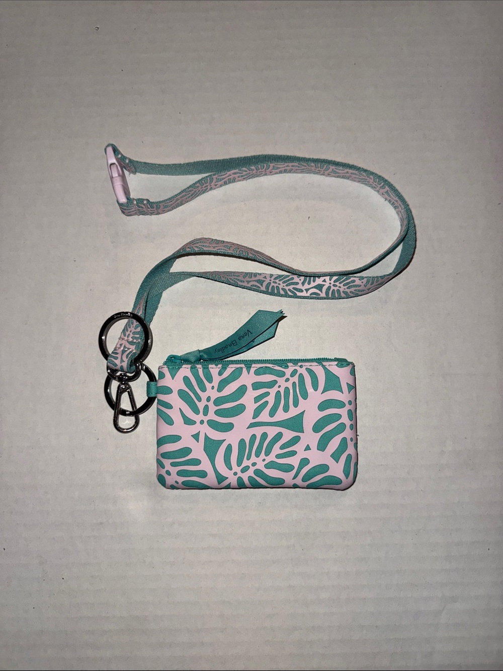 Vera Bradley Pink and Teal Tropical Zip ID Case with Lanyard